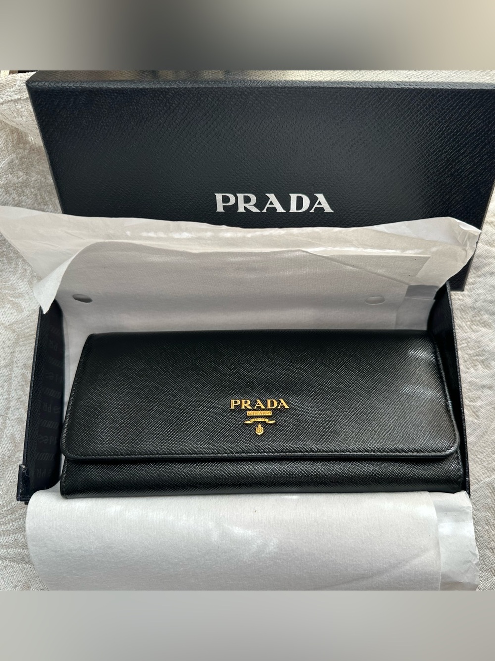 Authentic Prada Black Saffiano Leather Continental Wallet with Gold Logo